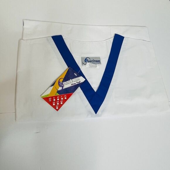 Spectrum Always Bright S/S V Neck Scrub Top XS White Blue Trim 2 Front Pockets - Picture 4 of 5